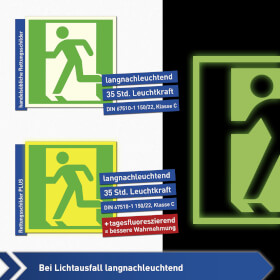 Fluchtwegschild PLUS - langnachleuchtend + tagesluoreszierend Notausgang links mit Zusatzzeichen: Richtungsangabe links