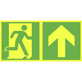 Fluchtwegschild PLUS - langnachleuchtend + tagesluoreszierend Notausgang rechts mit Zusatzzeichen:  Richtungsangabe aufwärts bzw. geradeaus