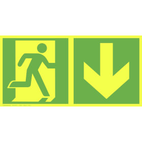 Fluchtwegschild PLUS - langnachleuchtend + tagesluoreszierend Notausgang rechts mit Zusatzzeichen:  Richtungsangabe abwärts