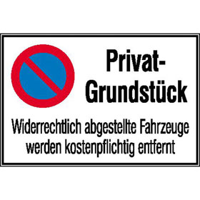 Haltverbotsschild Symbol: Eingeschränktes Haltverbot, Text:  Privat - Grundstück 