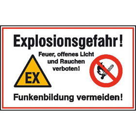Hinweisschild - Betriebskennzeichnung Explosionsgefahr! Feuer,  offenes Licht und Rauchen