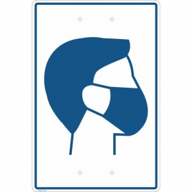 Hinweisschild - Maskenpflicht (rechteckig,  blau) zur Pfostenanbringung,  4 Bohrungen (LA = 10, 0 cm)