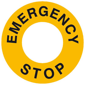 Maschinenkennzeichnung - Not Aus  -  gelb / schwarz Text:  Emergency Stop