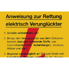 Sicherheitsaushang Anweisung zur Rettung elektrisch Verunglückter