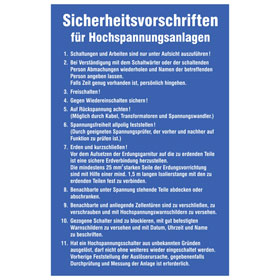 Sicherheitsaushang Sicherheitsvorschriften für Hochspannungsanlagen