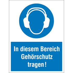 Gebots - Kombischild, In diesem Bereich Gehrschutz tragen!