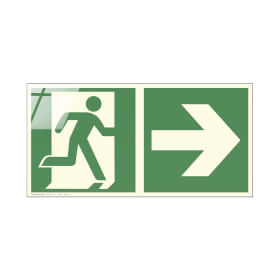 Fluchtwegschild Glas Serie - langnachleuchtend Notausgang rechts mit Zusatzzeichen:  Richtungsangabe rechts