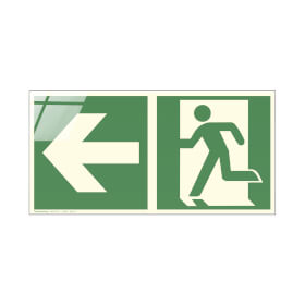 Fluchtwegschild Glas Serie - langnachleuchtend Notausgang links mit Zusatzzeichen:  Richtungsangabe links