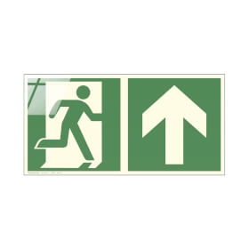 Fluchtwegschild Glas Serie - langnachleuchtend Notausgang rechts mit Zusatzzeichen:  Richtungsangabe aufwärts bzw. geradeaus