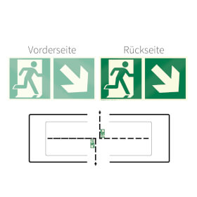 Fahnenschild Fluchtwege langnachleuchtend Notausgang rechts abwrts mit Zusatzzeichen