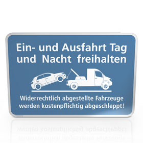 Hinweisschild für Gewerbe und Privat Ein- und Ausfahrt Tag und Nach freihalten - Blau