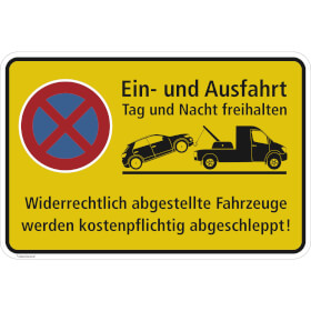 Hinweisschild fr Gewerbe und Privat Ein - und Ausfahrt Tag und Nach freihalten Halteverbot -  Gelb