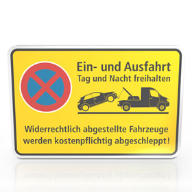 Hinweisschild fr Gewerbe und Privat Ein- und Ausfahrt Tag und Nach freihalten Halteverbot - Gelb