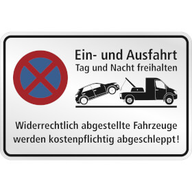 Hinweisschild fr Gewerbe und Privat Ein - und Ausfahrt Tag und Nach freihalten Halteverbot -  Gelb