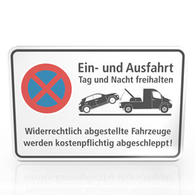 Hinweisschild für Gewerbe und Privat Ein- und Ausfahrt Tag und Nach freihalten Halteverbot - Gelb