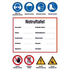 Notruf - Tafel für Baustellen zur Selbstbeschriftung