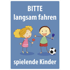 Spielplatzschild Bitte langsam fahren, spielende Kinder