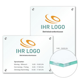 CRISTALLO Firmenschild individuell beschriftet rahmenlos aus 1 x 8 mm Sicherheitsglas mit hochwertigen Edelstahlhaltern