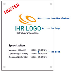 CRISTALLO Firmenschild individuell beschriftet rahmenlos aus 1 x 8 mm Sicherheitsglas mit hochwertigen Edelstahlhaltern