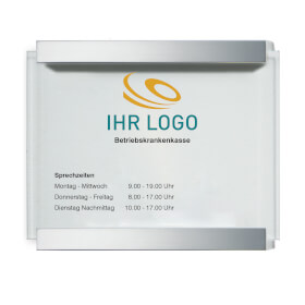 CLEAR Firmenschild individuell beschriftet 1 x 6 mm Sicherheitsglascheibe mit zwei edlen Aluminiumhaltern