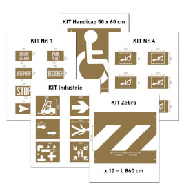 Spritzschablonensatz zur einfachen Boden - und Straßenmarkierung mit Buchstaben, Ziffern und Symbolen