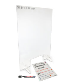 Mobile Acrylglasscheibe zum Schutz vor Infektionen im Verkaufsbereich mit 12, 0 x 30, 0 cm Durchreiche, 2 Aufstellfüße