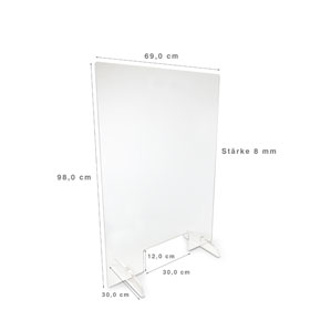 Mobile Acrylglasscheibe zum Schutz vor Infektionen im Verkaufsbereich  mit 12,0 x 30,0 cm Durchreiche, 2 Aufstellfüße