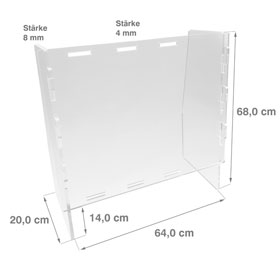 Mobile Acrylglasscheibe zum Schutz vor Infektionen im Verkaufsbereich  Intelligentes Stecksystem, optional mit 14 cm hoher Durchreiche