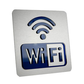 WiFi Schild Aluminium Edelstahloptik mit dunkelblauem Piktogramm aus Acrylglas