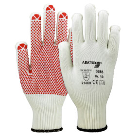 Asatex 3685 Arbeitshandschuh weiß Feinstrickhandschuh mit roten Vinyl - Noppen und Strickbund