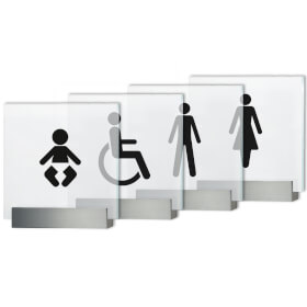 CLEAR Toilettenschild Glasschild mit edlem Aluminiumhalter und Standardsymbolen