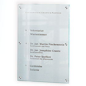 CRISTALLO Wegweiser aus Einscheiben-Sicherheitsglas, hochwertige Edelstahlhalter,