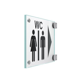 CRISTALLO Fahnenschild aus 2 x 4 mm Sicherheitsglas mit Edelstahl-Schildklemmen