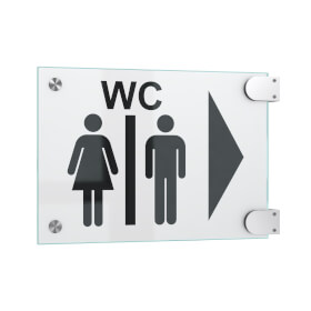 CRISTALLO Fahnenschild aus 2 x 4 mm Sicherheitsglas mit Edelstahl-Schildklemmen