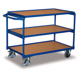 VARIOfit® Tischwagen Transportwagen mit Stahlrahmen und 3 Ladeflächen aus Holz, waagerechter Schiebegriff, 