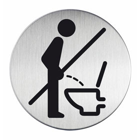 Piktogramm aus gebürstetem Edelstahl rund Toilettenschild mit Symbol: Bitte hinsetzen