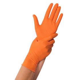 Franz Mensch Hygostar Einweghandschuhe Power Grip orange besonders griffig und rutschfest dank Antirutsch - Struktur aus Nitril