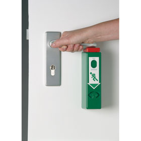 GfS Einhand (EH)-Türwächter mit Voralarm-Modul Gehäuse grün nach RAL 6029, mit Profilhalbzylinder,