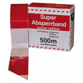 Absperrband rot / weiß geblockt Flatterband in Spenderbox mit Abrollvorrichtung