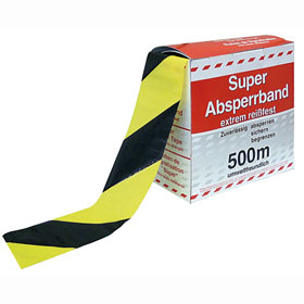 Absperrband gelb / schwarz schraffiert Flatterband in Spenderbox mit Abrollvorrichtung