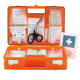 Erste Hilfe-Koffer SAN Pro Safe Kinder orange mit Füllung nach DIN 13157 plus branchenspezifischer Zusatzausstattung