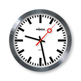 Bahnhofs Quarz - Wanduhr, Aluminium - Gehuse, geruschloses Uhrwerk,  schleichender Sekundenzeiger (rot), 