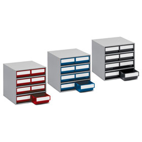 Treston Kleinteilemagazin grauer Metallrahmen, Schubladenfarben: grau,  rot,  blau