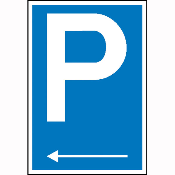 Parkplatzschild Symbol: P mit Richtungspfeil links