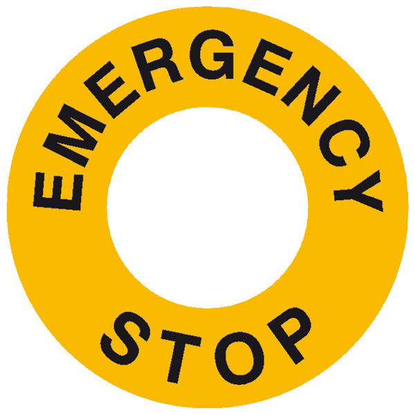 Maschinenkennzeichnung - Not Aus - gelb / schwarz Text: Emergency Stop