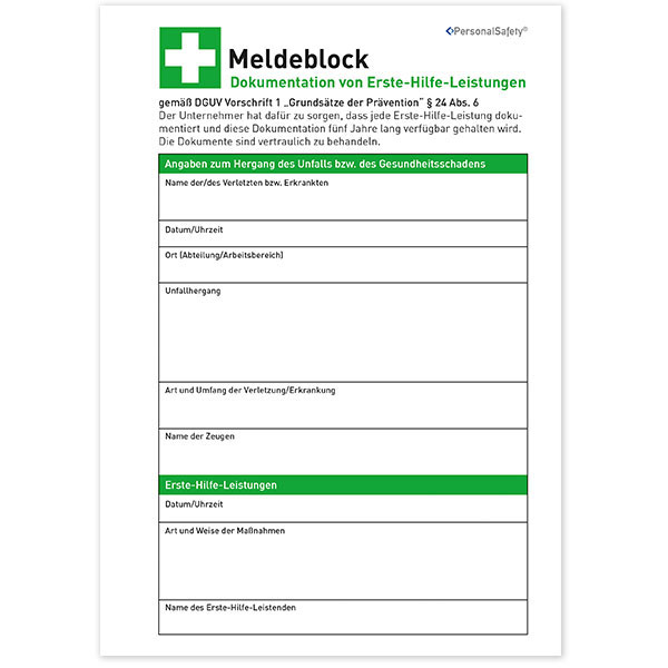 Erste Hilfe Meldeblock DIN A5 50 Blatt Alternative zum Verbandbuch zur  Dokumentation von Erste Hilfe-Leistungen kaufen
