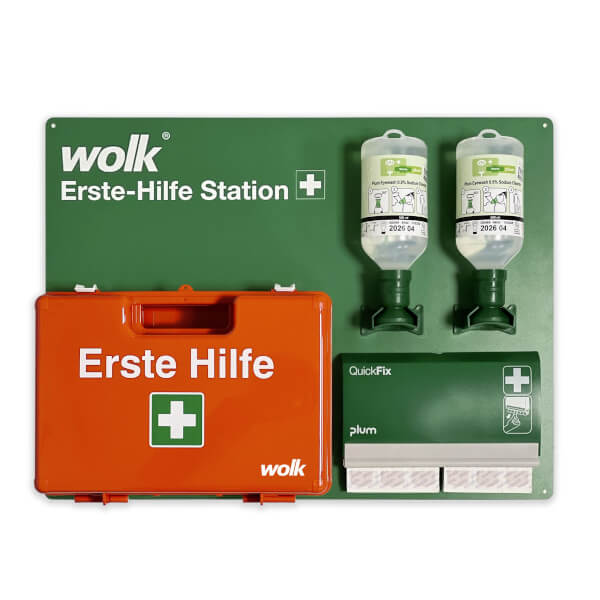 Erste Hilfe Station Komplettset klein mit Verbandkasten, Pflasterspender und Augenspüllösung