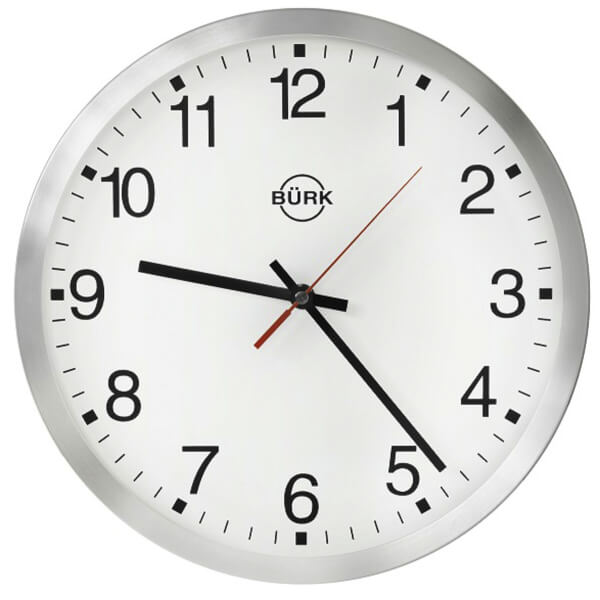 Wanduhr Satin Aluminium, Aluminumgehäuse gebürstet, mit Mineraldeckglas, Zahlenzifferblatt,
